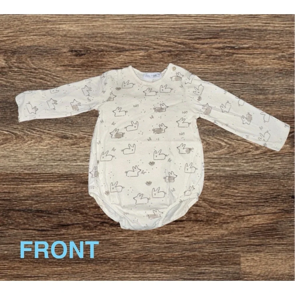 Zara Bunny Print Cotton Long bodysuit  9-12 Months Ivory Button Easter